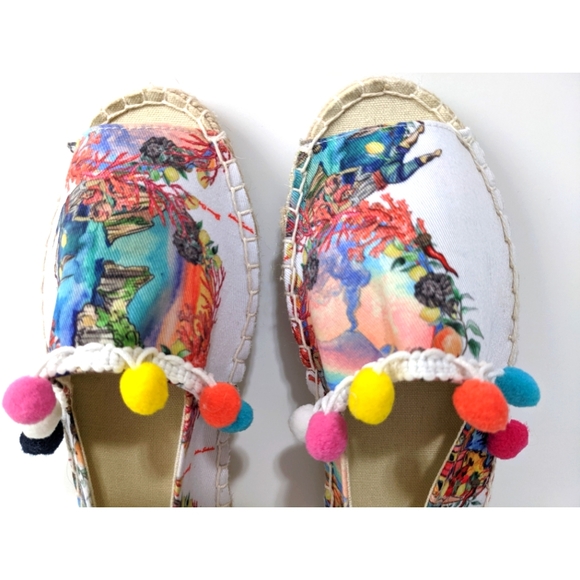 New Antica Sartoria Espadrilles Peep Toe Canvass Pom Poms Size Eur 39 US… - Picture 11 of 15